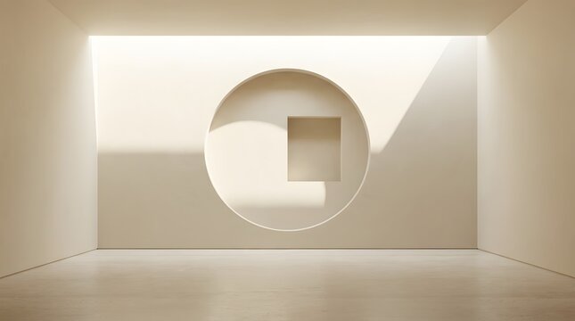 Minimalist interior space with a circular wall cutout