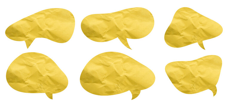 Set of six yellow paper speech bubbles with slanted shapes