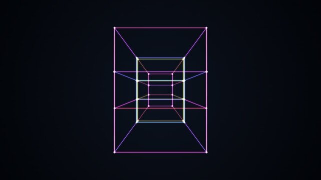 Tesseract 4D hypercube rotating in glowing neon wireframe lines of pink, blue and yellow on a dark background, four dimensional geometry animation, seamless loop