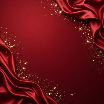 Luxury red silk fabric background with draped corners and scattered gold glitter creating elegant festive design for celebration or special event.