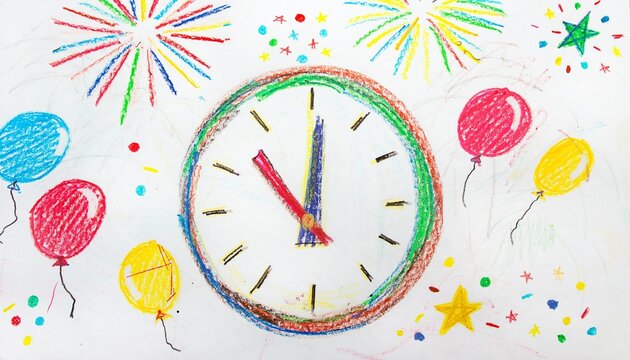 Crayon drawing by a little child showing a large round clock at midnight, colorful fireworks, balloons, stars, and confetti, oversized clock hands.