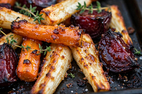 Caramelized honey-glazed roasted root vegetables with thyme on a dark baking tray