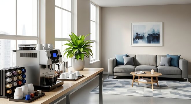 Modern coffee maker on a wooden table inside bright living room
