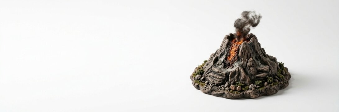 Model volcano erupting smoke and lava on white background