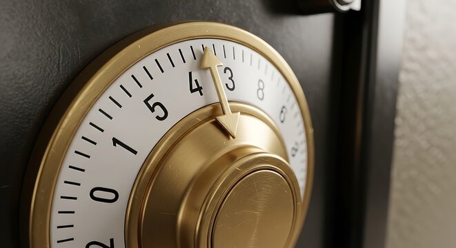 Heavy metallic security safe dial with numbers and brass knob