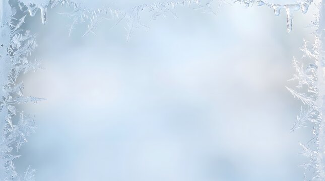 Frost patterns with icicles forming icy frame on window glass for winter seasonal backdrops.