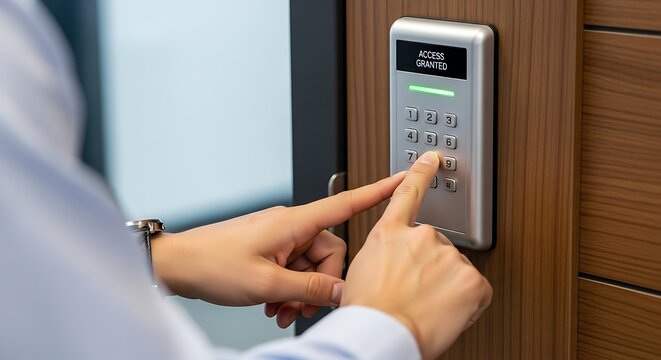 Professional man pressing keypad buttons on modern office access control system