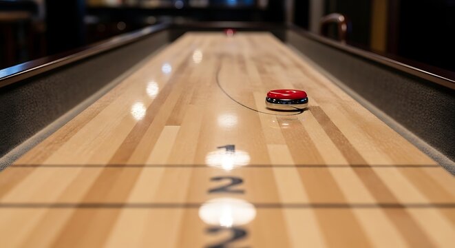 Bright red shuffleboard puck sitting on polished wooden gaming table surface