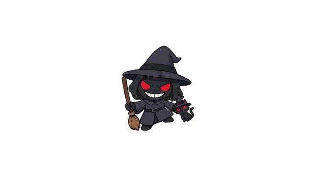 Little black witch character holding a broom with red eyes and creepy smile
