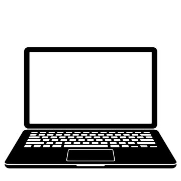 Black and white laptop computer icon for business technology and