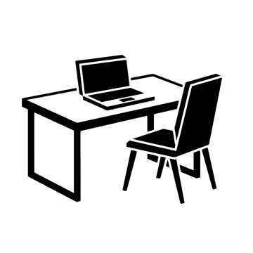 Minimalist office desk with laptop and chair vector icon for business