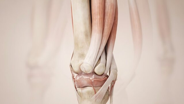 Anatomical 3d illustration of human knee joint, bones, muscles, and tendons