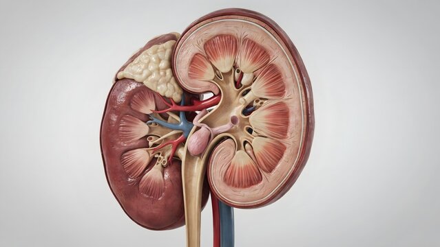 Cross section of human kidney anatomy showing cortex, medulla, renal pelvis, and blood vessels