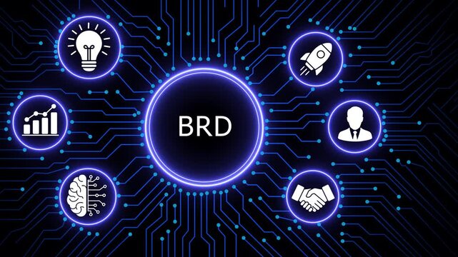Business requirements document brd concept with digital circuit board background, featuring glowing for, project management, strategic, planning, corporate growth, innovation, and teamwork