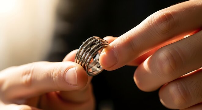 Shiny silver wedding band held tightly between two adult fingers