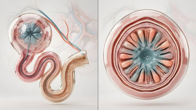 3d illustration of renal corpuscle anatomy showing glomerulus and bowmans capsule