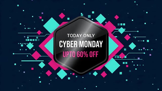 Cyber Monday 60 Percent Off Sale Promo badge with geometric neon particles on dark digital background, looping e-commerce motion graphic
