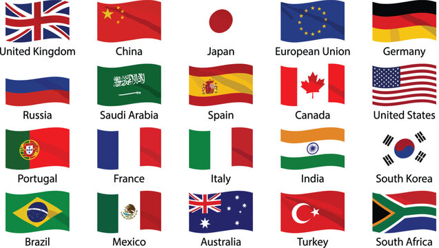 World flags vector set featuring waving national ensigns including United Kingdom United States China Japan Germany France India and Brazil icons