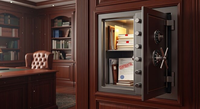 Open metal wall safe revealing confidential documents inside executive office