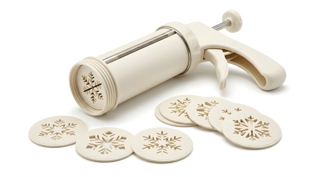 White plastic cookie press tool with trigger handle and various interchangeable snowflake shaped discs arranged neatly on a clean white surface for holiday baking preparations
