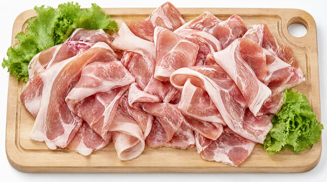 木製ボードに乗った新鮮な豚肉の薄切り