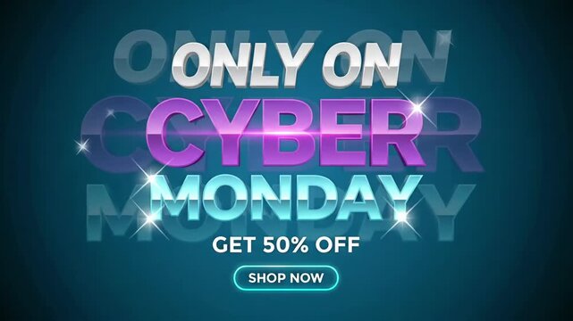 Cyber Monday 50 Percent Off Sale Banner with glossy metallic 3D typography and glowing shop now button, promotional motion graphic loop
