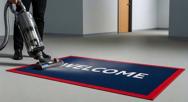 Person cleaning welcome mat with modern vacuum cleaner inside building