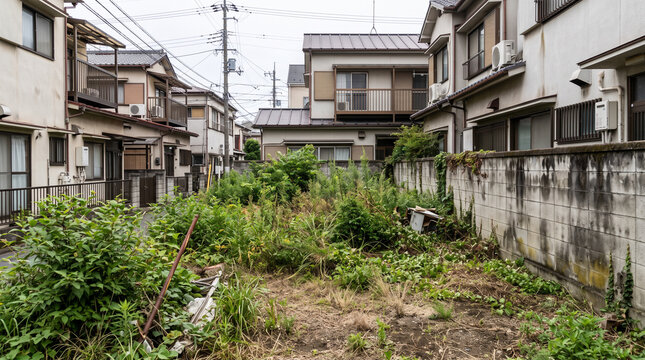 日本の住宅街にある放置された空き地