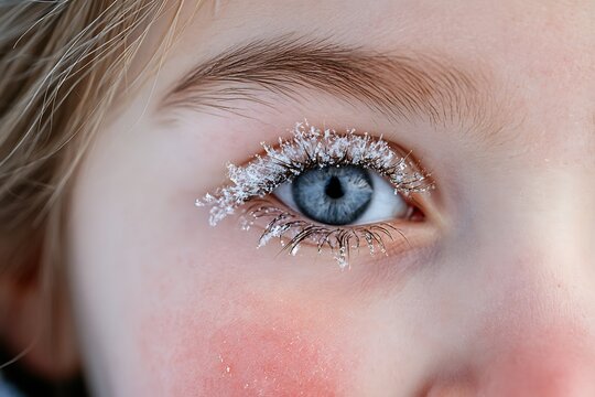 Close up of child blue eye with eyelashes covered in white frost and snow