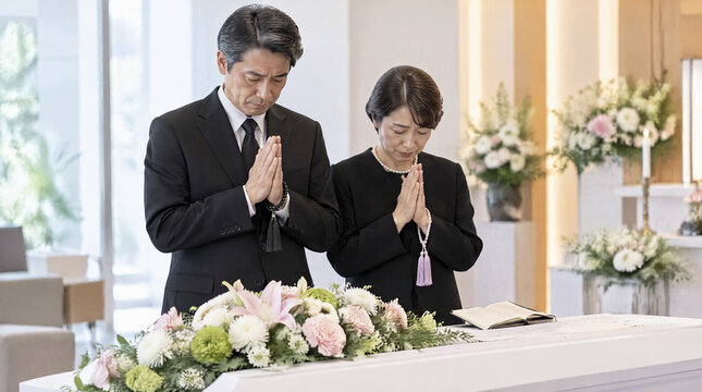 葬儀で手を合わせて祈る中高年の夫婦
