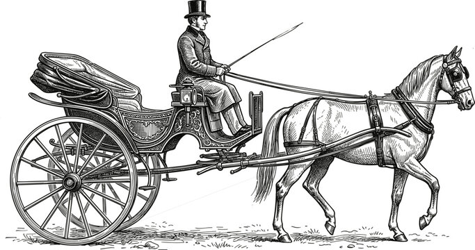 Vintage horse drawn carriage engraving style illustration featuring traditional Victorian coachman driving passenger cart with single stallion