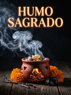 Sacred copal incense burning in red clay chalice with billowy smoke, dia de los muertos dramatic chiaroscuro ritual still life with HUMO SAGRADO greeting text, charcoal embers and orange marigolds