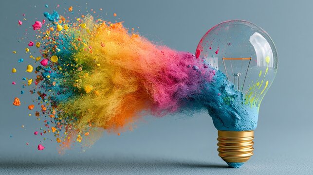 Exploding lightbulb reveals vibrant color dust, symbolizing innovative ideas and bright creativity, conceptual background