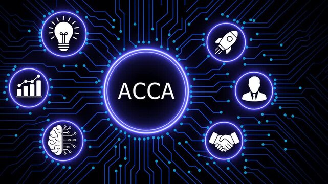 Acca certification concept with digital circuit board background, accounting and financial growth infographic animation featuring glowing for business strategy, success, and innovation