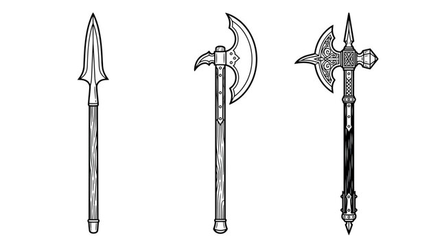 Collection of ancient polearm weapons, isolated