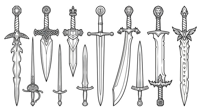 Collection of fantasy swords and daggers, isolated