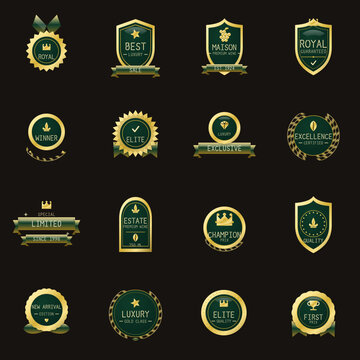 Luxury gold and green badges, premium quality vector emblems set. Elegant corporate seals and award labels for branding