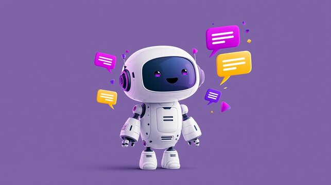Friendly cartoon robot cheerfully communicating with colorful speech bubbles, representing digital assistance and modern innovation