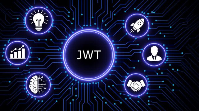 Json web token jwt authentication security concept featuring digital circuit board background, with glowing for, cyber security, software, development, data encryption, network protection, and secure