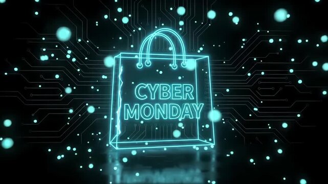 Cyber Monday Glowing Shopping Bag with digital circuit board tracks and floating electric energy particles, tech promo motion graphic loop
