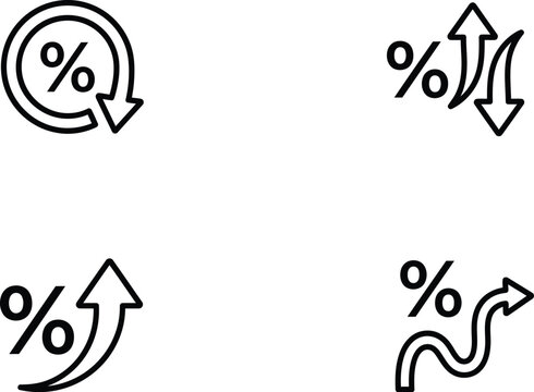 Set of four black outline icons showing percentage symbol with arrows for statistics