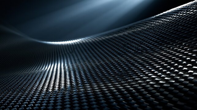 Abstract carbon fiber texture showcases a blurred, wavy surface, reflecting light, representing modern technology and futuristic design concepts