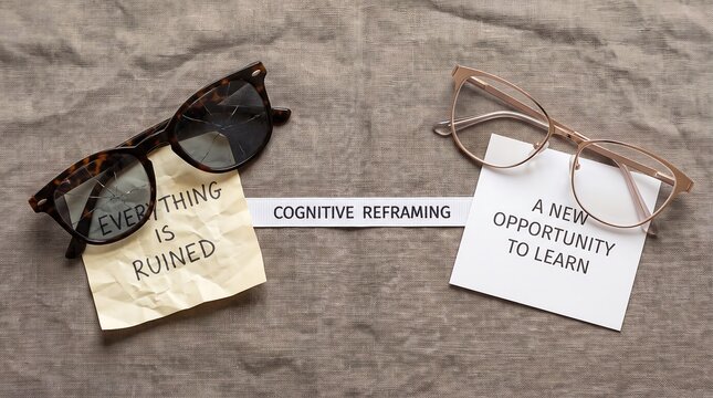 Cognitive reframing concept with glasses and notes on a wooden table about changing perspective