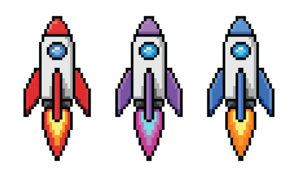 Pixel Rockets in Flight: A collection of three distinct pixel art rockets, each with a different color scheme and flame design, are depicted in mid-flight against a plain background.