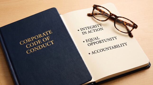 Corporate code of conduct handbook open on a table with reading glasses on top