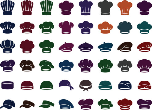Assortment of chef hats and kitchen headwear icons in various colors and styles, including toques, beanies, and caps for culinary staff