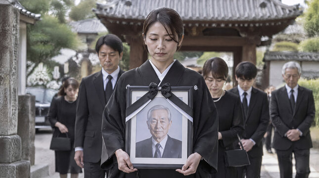遺影を抱えて歩く喪服姿の遺族たち