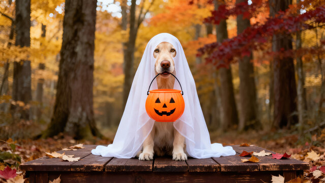 Adorable golden retriever dog dressed in a spooky ghost costume holding a jack-o'-lantern pumpkin candy bucket outdoors in a scenic autumn forest setting to create a funny festive Halloween,