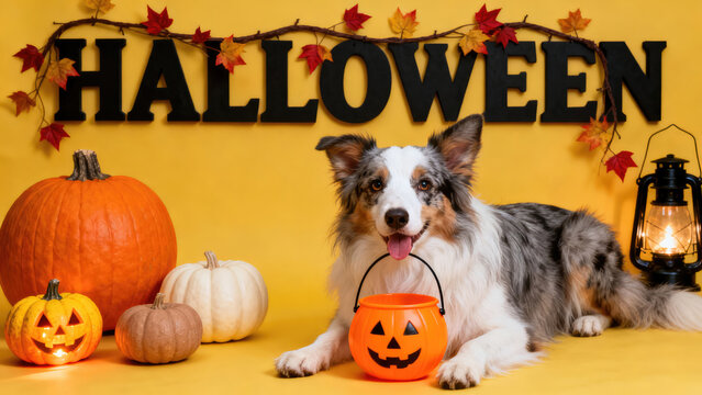 Australian shepherd with halloween pumpkins and decorations, halloween holiday festive image design