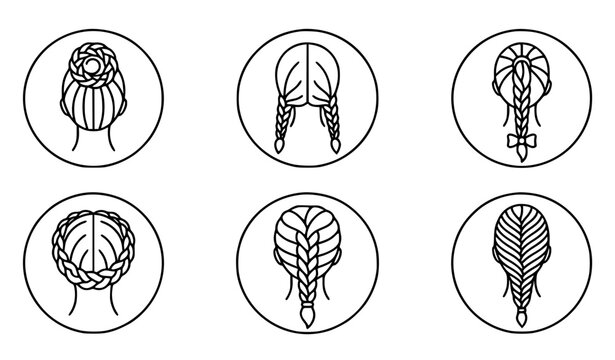 &bull; Minimalist braided hair line icons pack with long braid pigtail and bow knot circle emblems vector outline pictograms